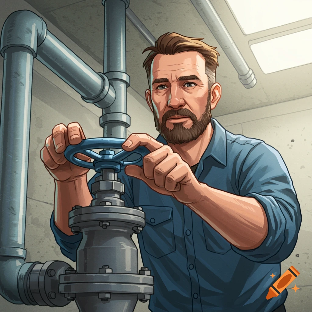 Illustration of a plumber turning a large valve on a pipe.