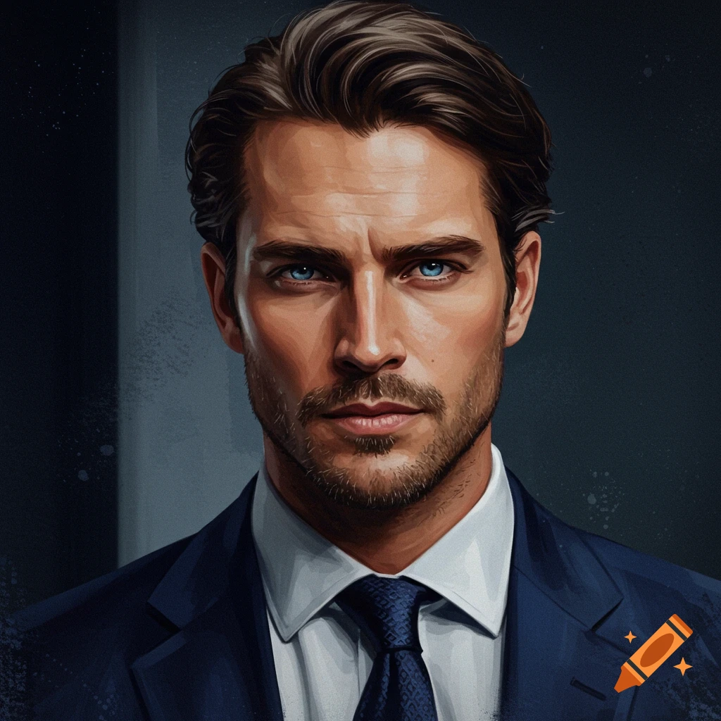 Close-up portrait of a man in a suit with blue eyes.