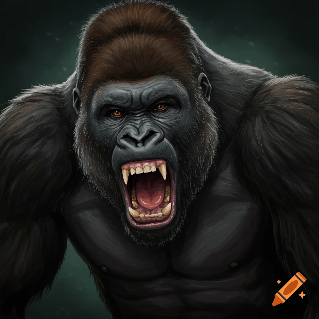 Close-up of a roaring gorilla baring fangs