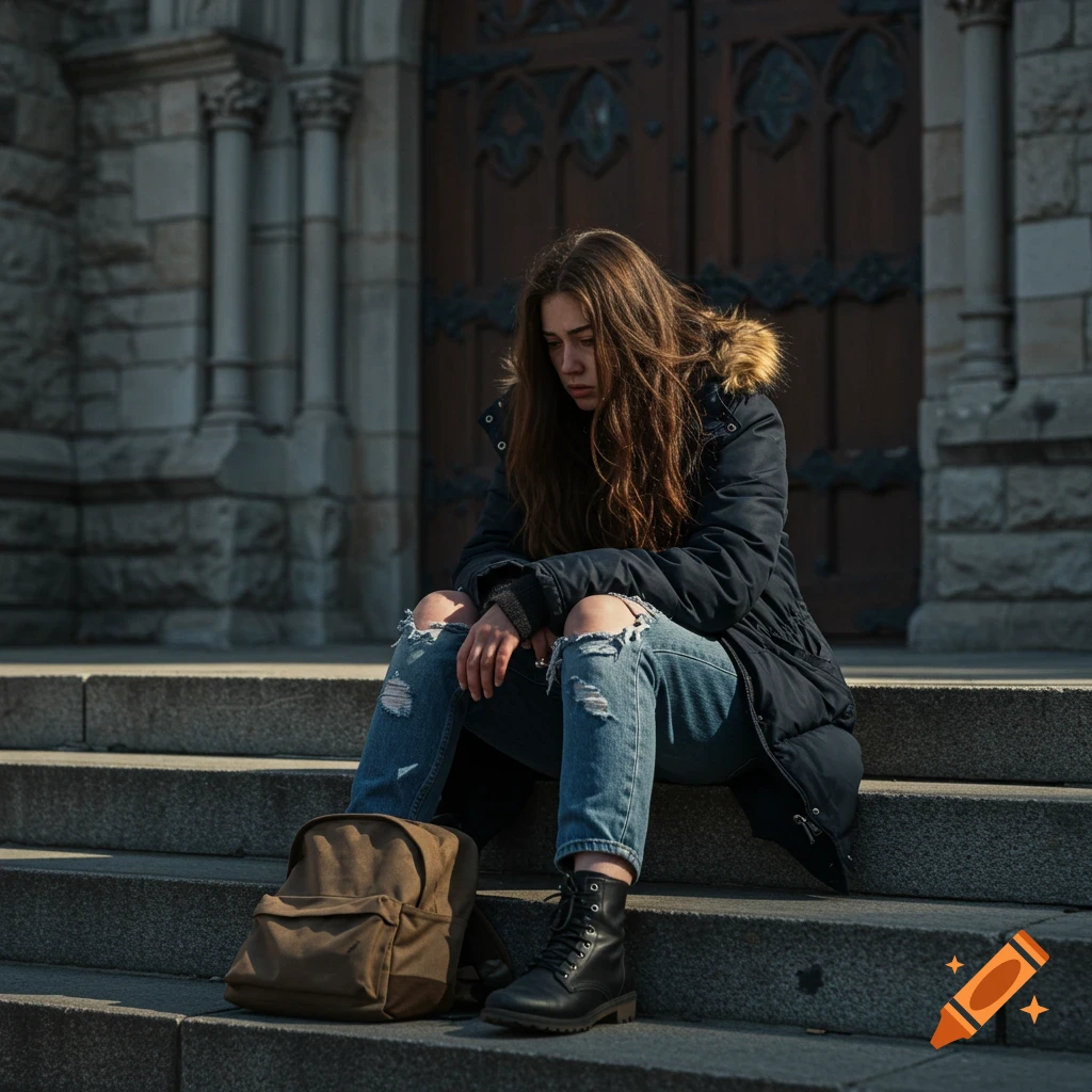 Young woman with long hair sits sadly on stone steps next to a backpack, realistic photo.