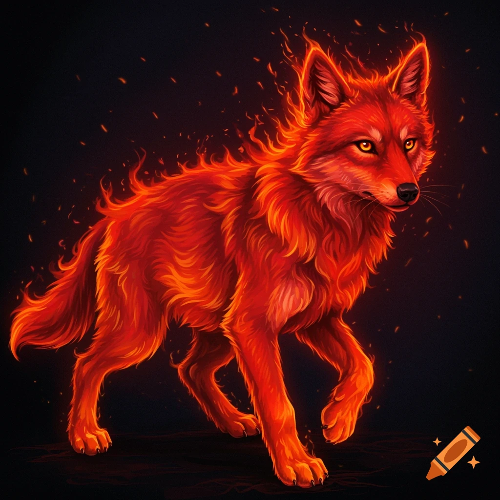 A fiery red wolf walks against a dark background.