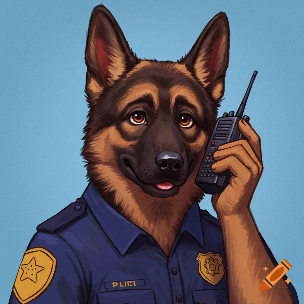 Illustration of an anthropomorphic German Shepherd police officer holding a walkie-talkie.