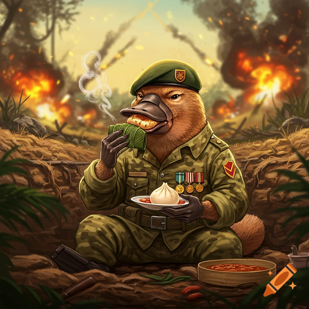 An anthropomorphic platypus soldier in a trench eats food while explosions occur in the background.