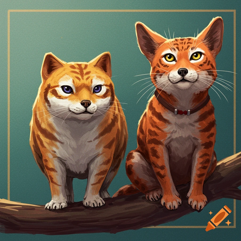 Two cartoonish orange striped cats sit on a branch against a teal background in a golden frame.