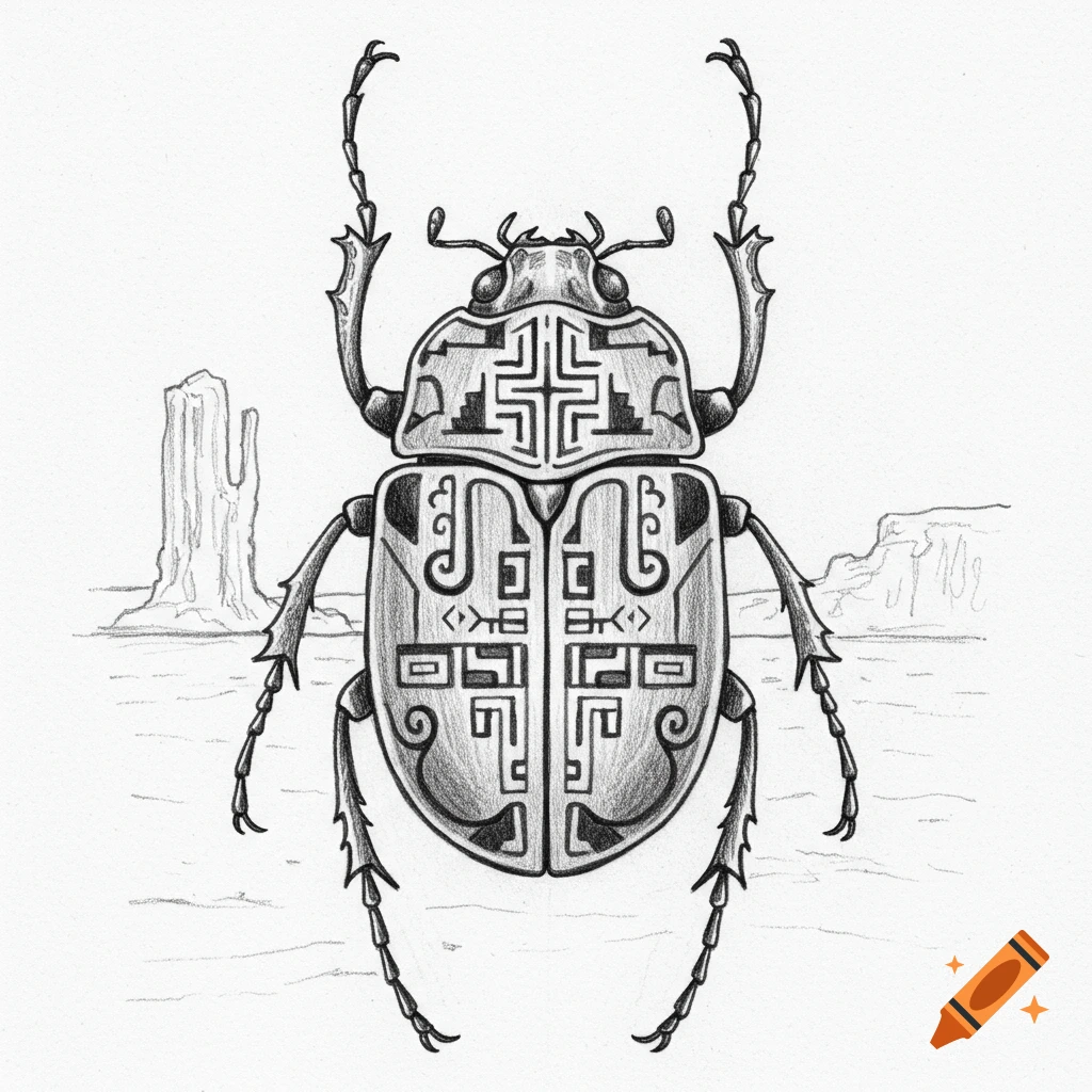 A detailed pencil sketch of a large beetle with intricate decorative patterns on its shell, standing in a desert landscape.