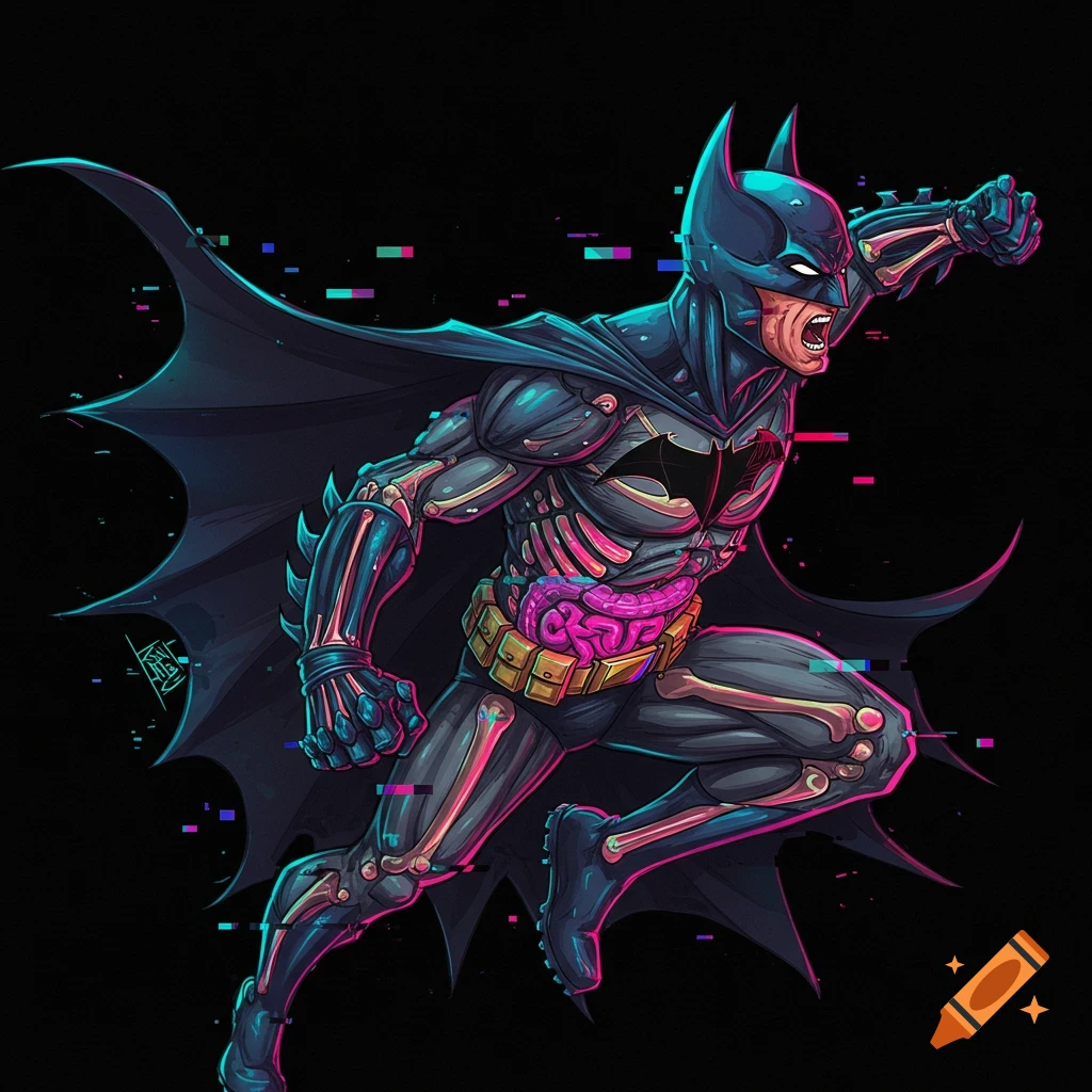 Stylized illustration of Batman with visible bones and organs, in a glitchy neon style, leaping forward.
