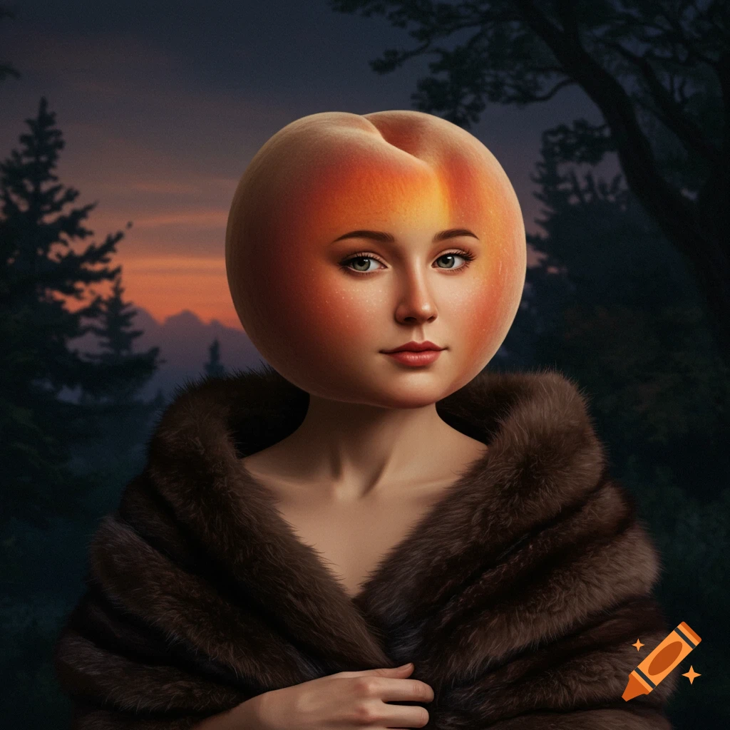 Surreal portrait of a woman with a peach head wearing a fur stole in a landscape.