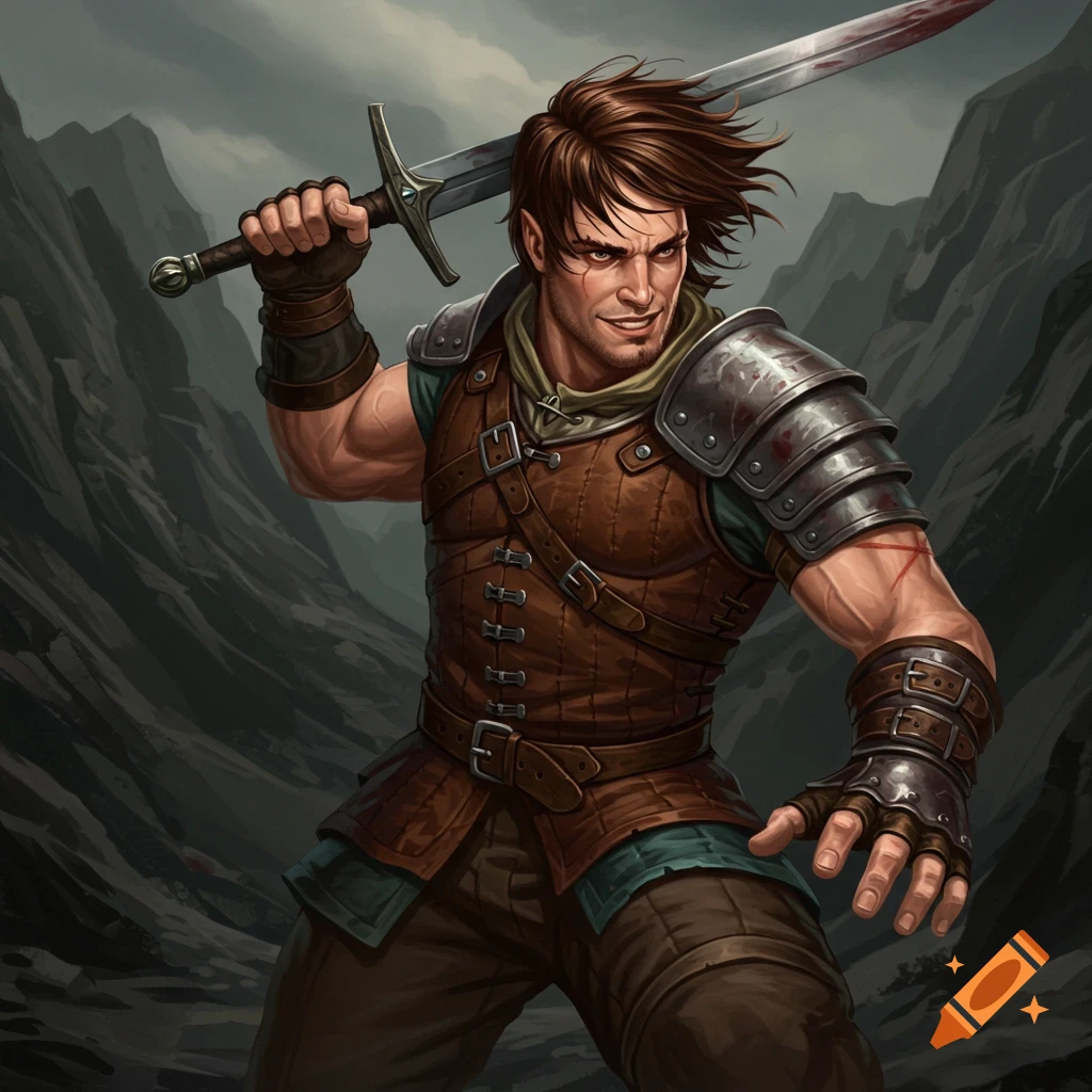 A fantasy warrior with a sword in a mountain landscape.