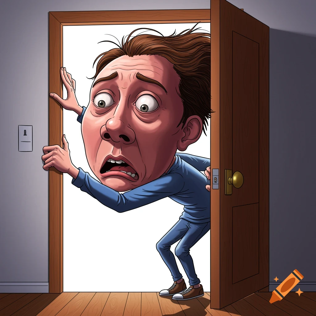 Person with giant head stuck in door frame