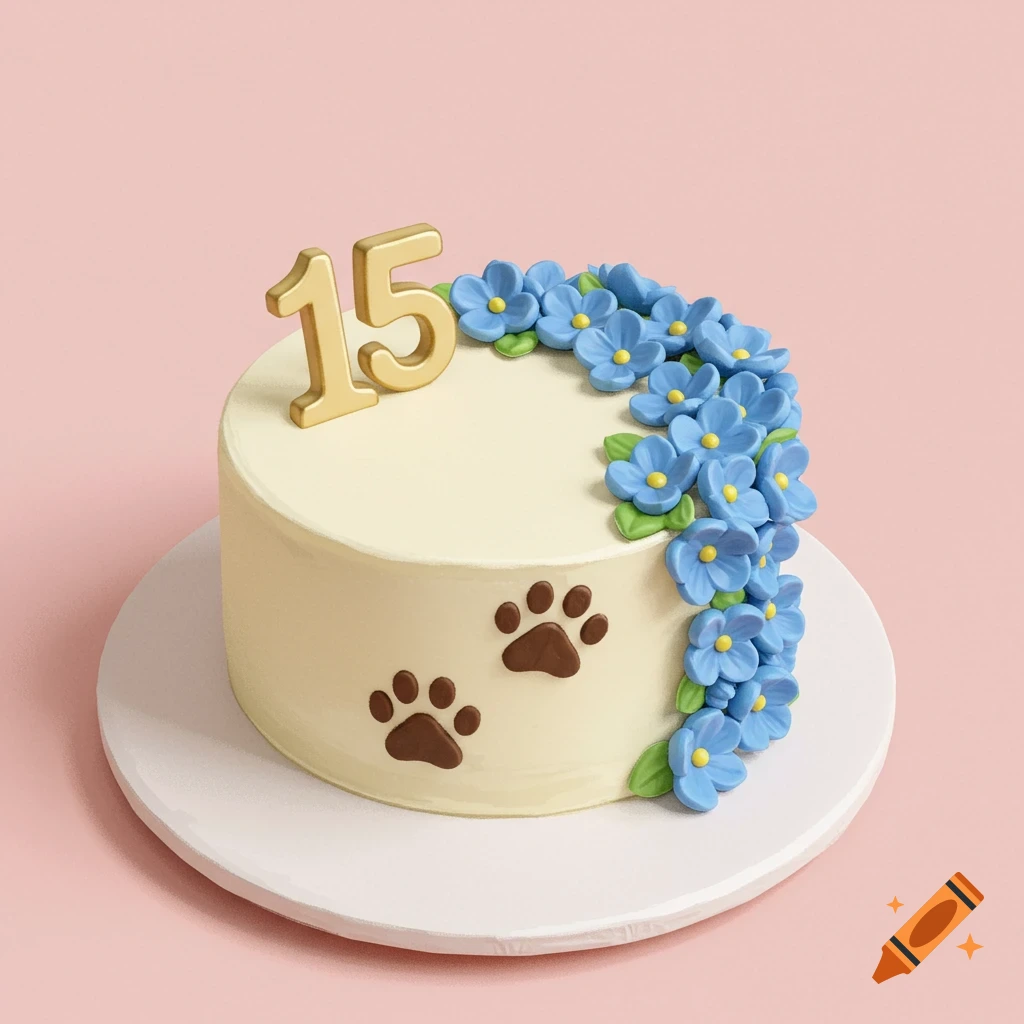 Circle cake with blue flowers, number 15, and paw prints decoration mock-up design idea for party cake decorations DIY bake off ideas inspiration trends birthday cake decoration ideas bakeries baking food cakes fondant frosting buttercream icing fillings toppings cakes occasion seasonal flavors techniques recipes decorating tips presentation serving storage cake decorating for beginners intermediate advanced cake art edible art cake design