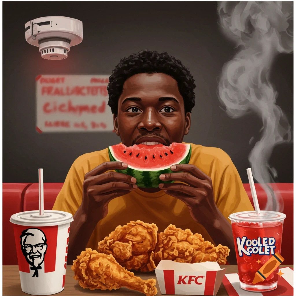 A Black person eating watermelon and fried chicken at KFC, with drinks and a smoking smoke detector.