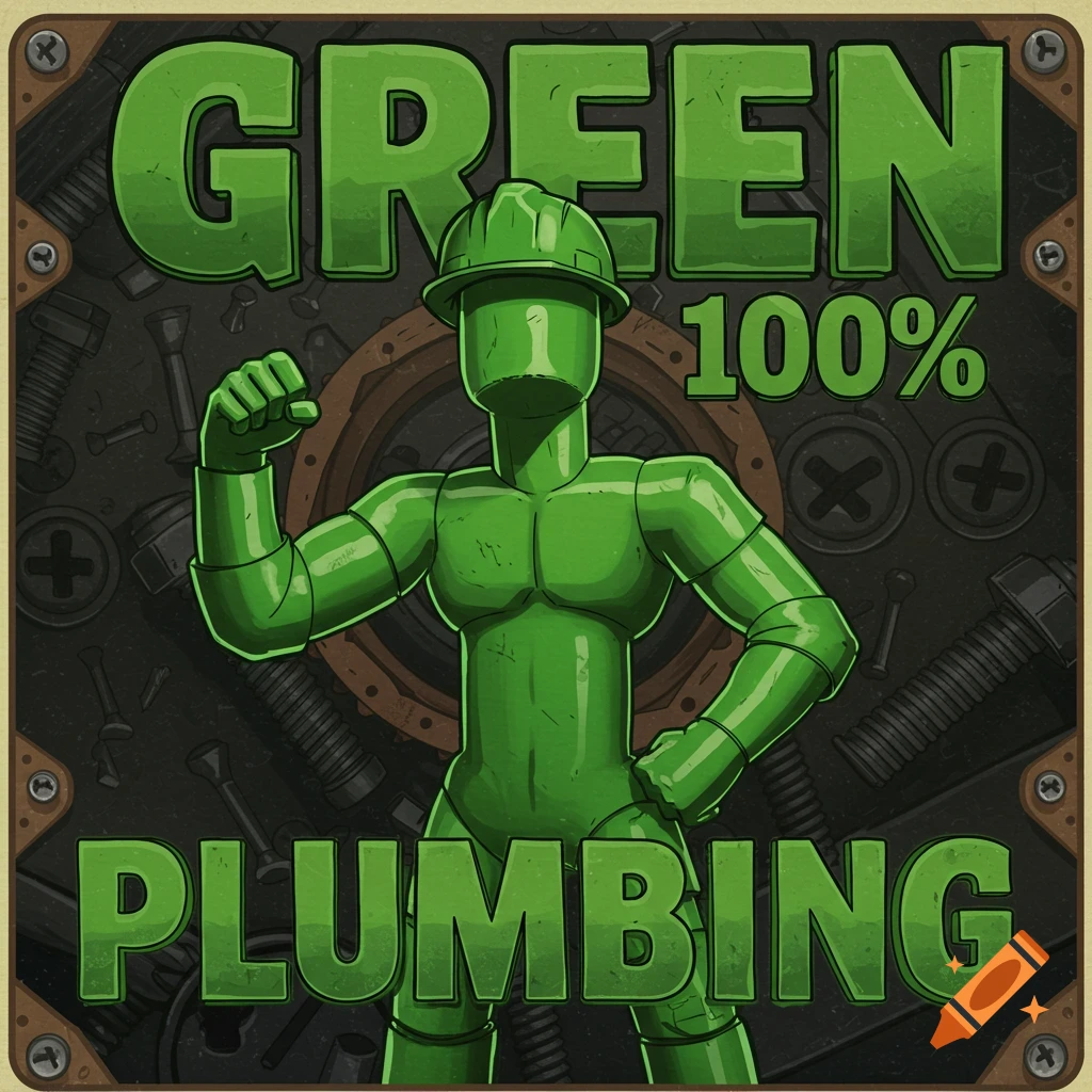 Green 100 percent plumbing text with a tough green pvc pipe man with a hard hat on