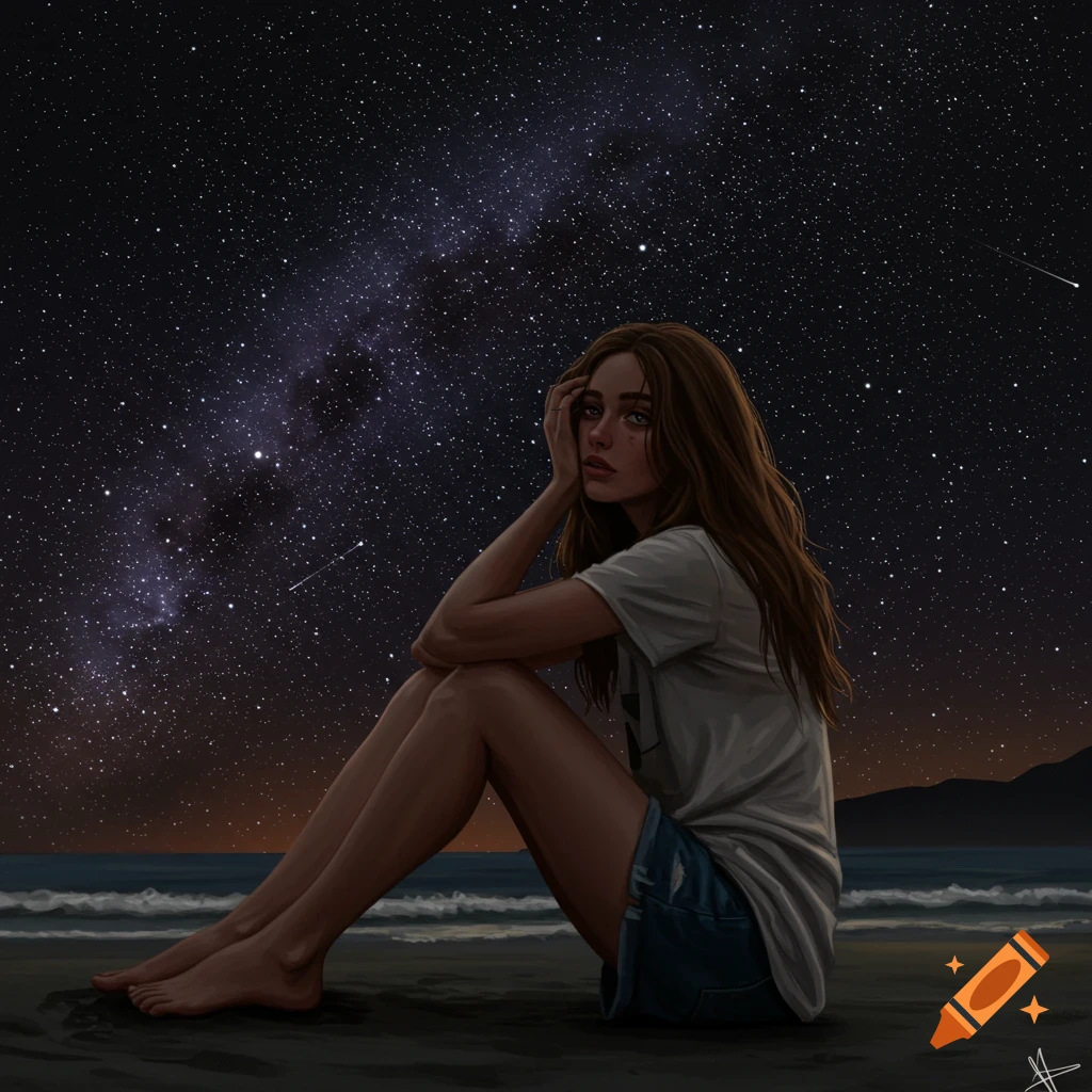 A young woman sits on a beach at night, looking at a starry sky.