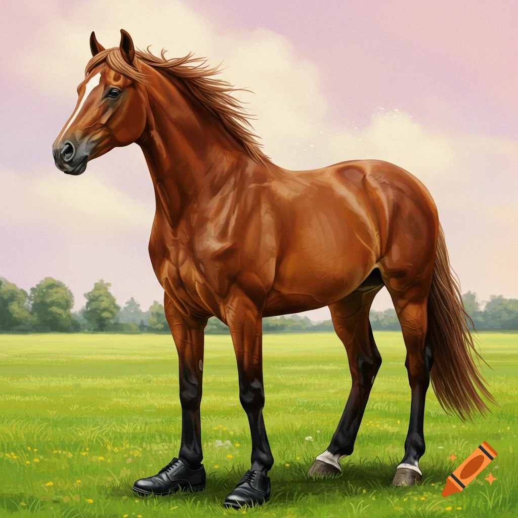 An illustration of a brown horse standing in a field wearing black human shoes.