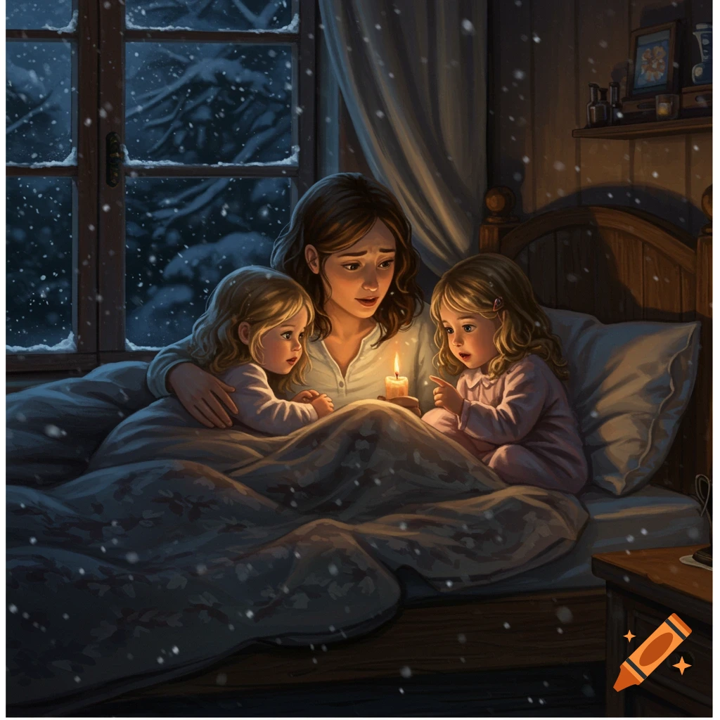 Mother reads to two young daughters by candlelight in bed as snow falls outside.