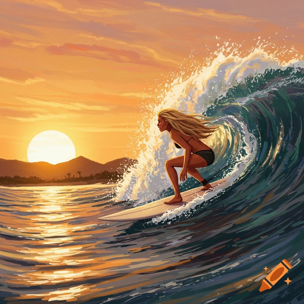 Woman surfing a large wave at sunset in a vibrant, painterly style.