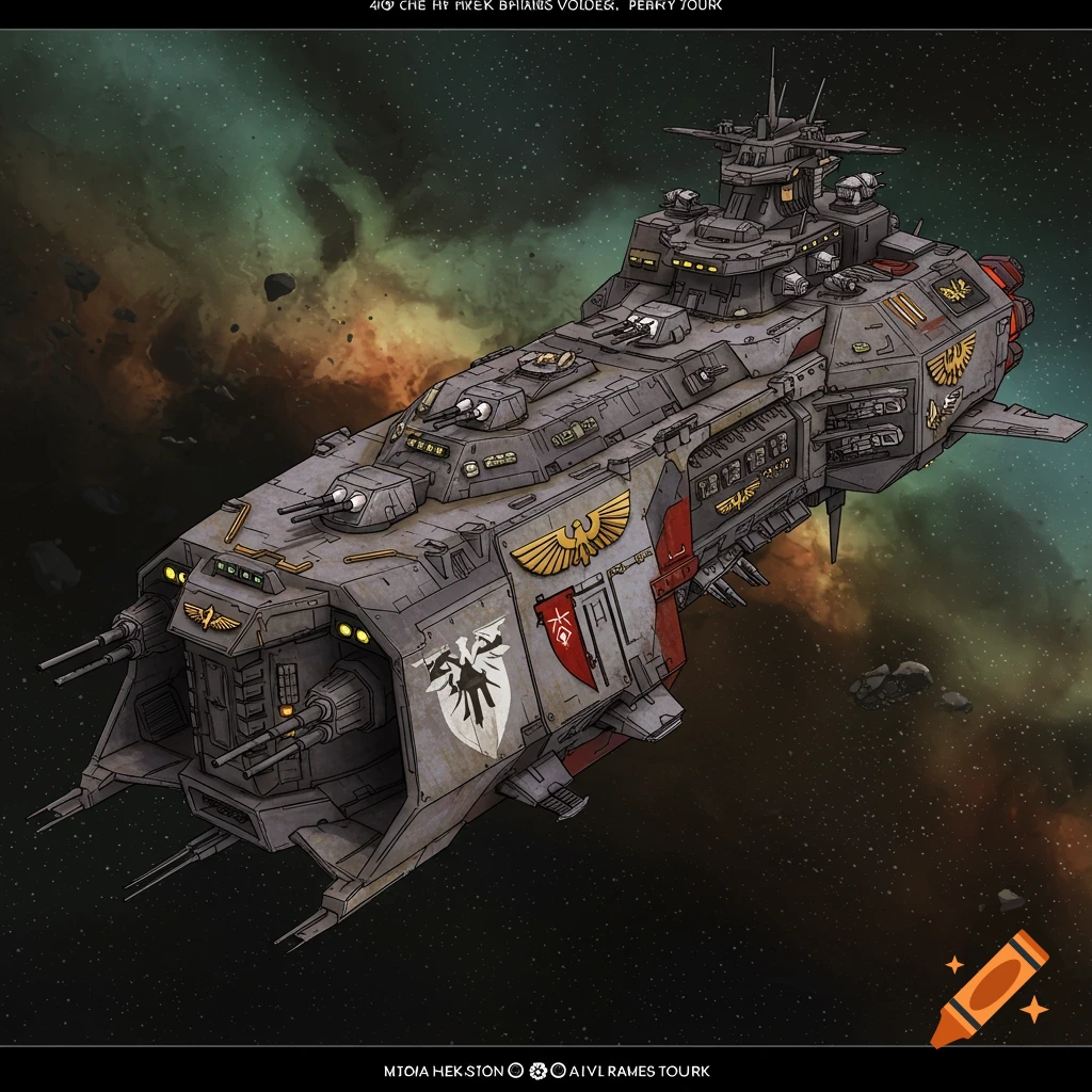Illustration of a large grey spaceship with red and gold details floating in front of a colorful space nebula.
