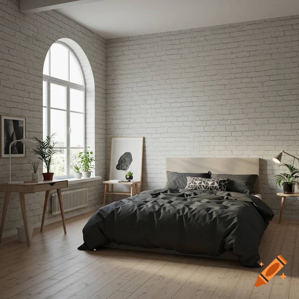 A bright, modern bedroom with a large arched window, bed with dark gray bedding, a desk, and white brick walls.