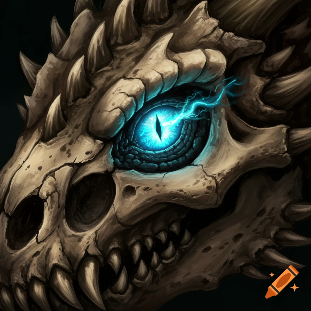 Close up of a bone dragon skull with a glowing blue eye