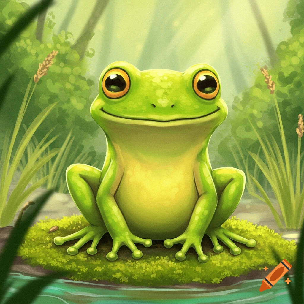 A cute green cartoon frog sits on moss in a forest illustration.