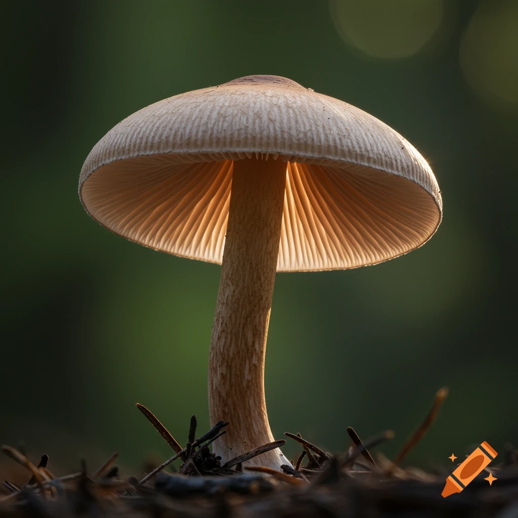 Photorealistic close-up of a mushroom from below, showing backlit gills and stem.