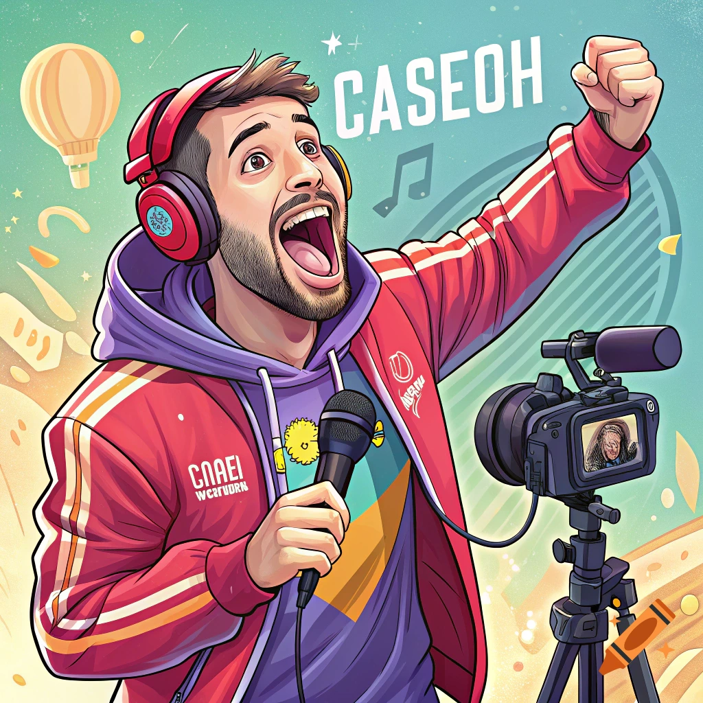 Illustration of a man with headphones holding a microphone and recording with a camera.