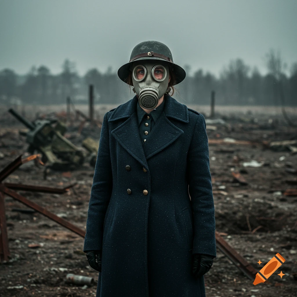 Woman in WW1 era coat and gas mask stands in abandoned battleground