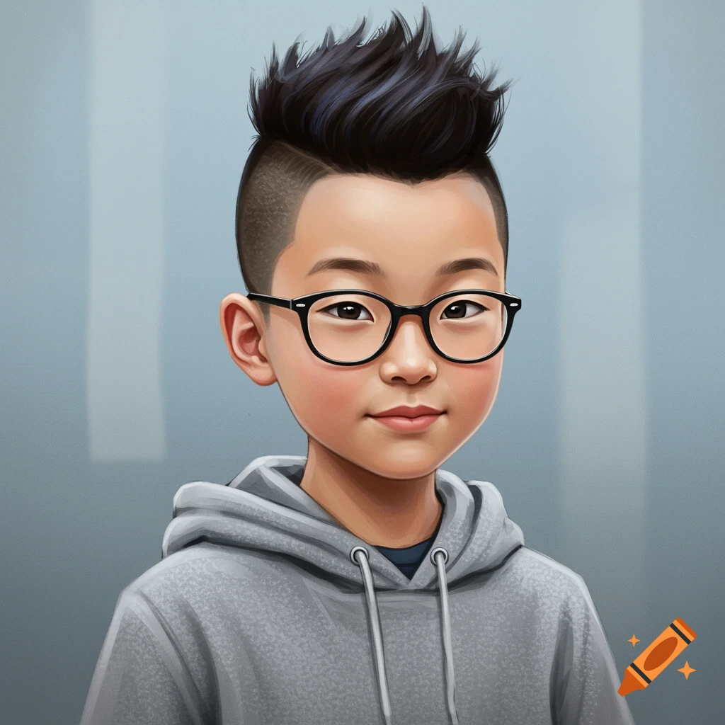 Asian boy with faded sides, high hair, gray hoodie, and black glasses