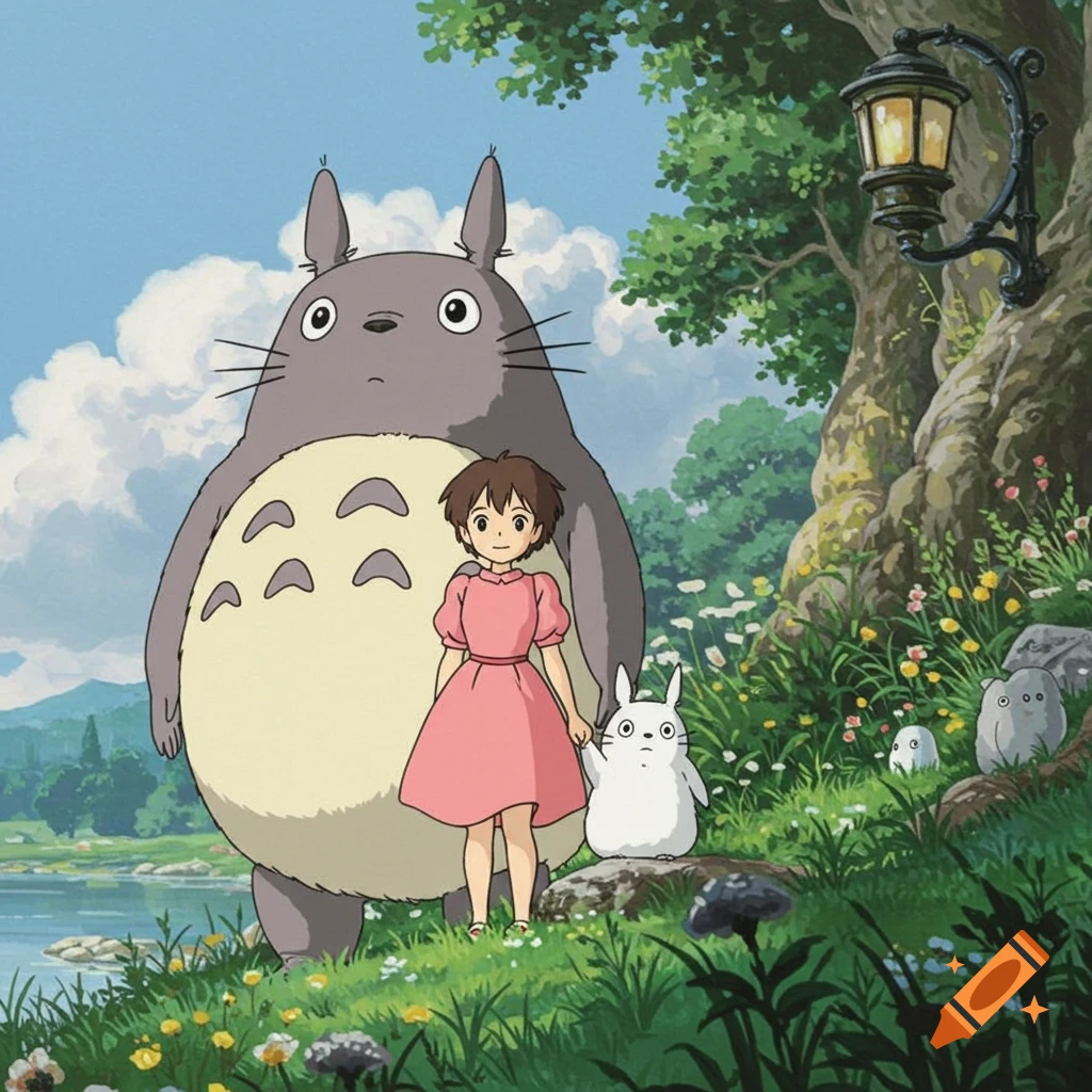 Totoro and Satsuki with small spirits standing by a lake in a forest, Studio Ghibli style.