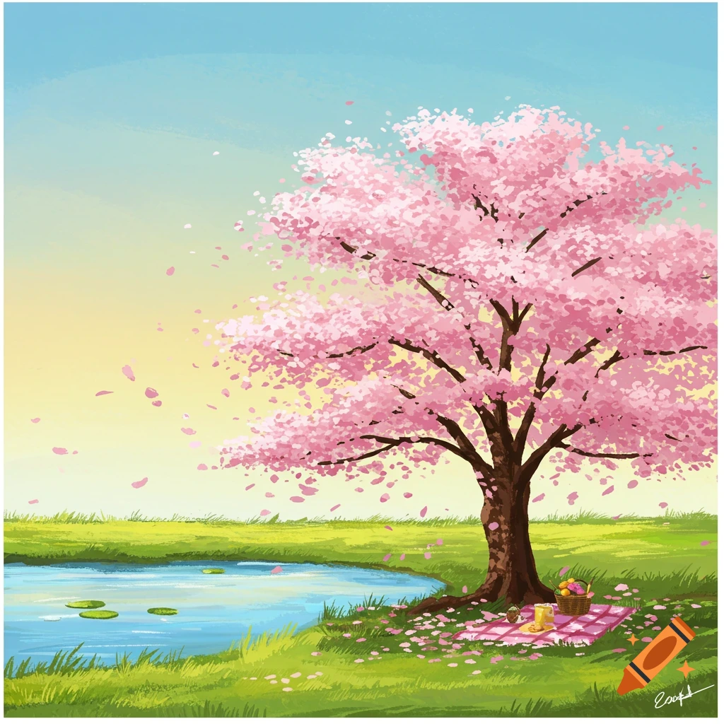 Cherry blossom park with pond and gentle breeze illustration