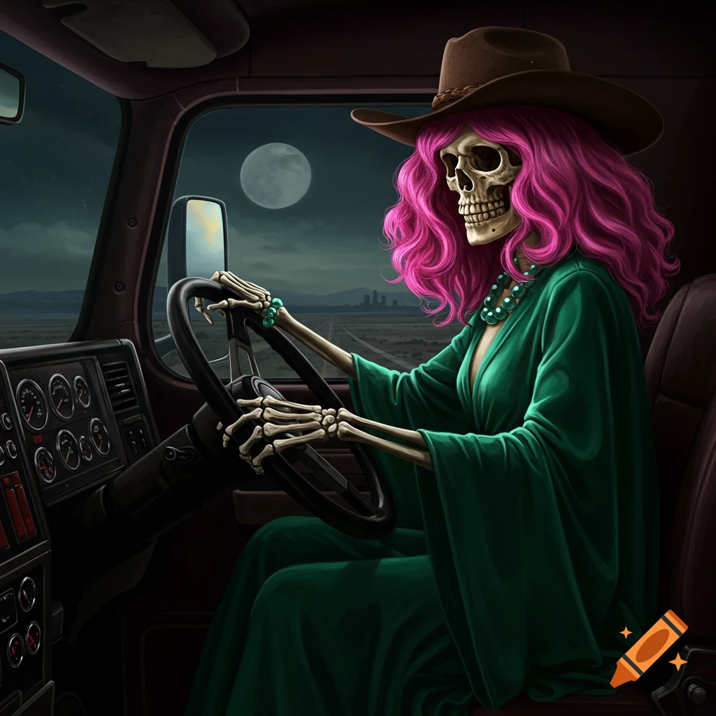 A skeleton in a cowboy hat and green dress drives a truck at night under a full moon.