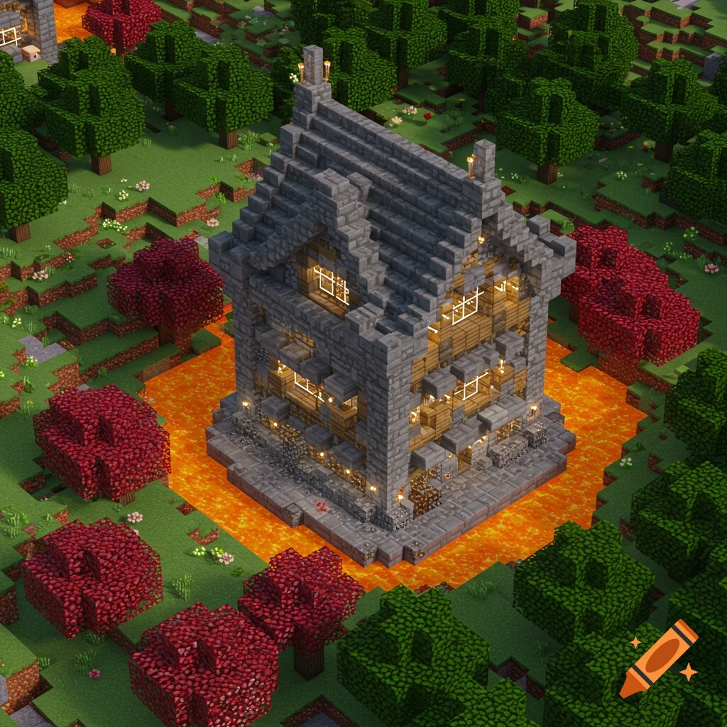 An isometric view of a stone house with a lava moat and trees in a Minecraft style.