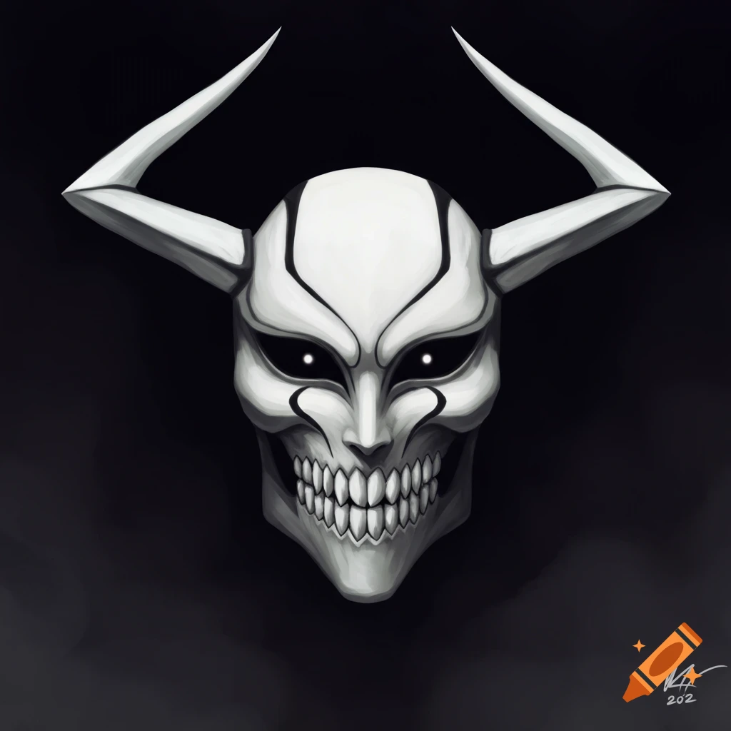 A white mask with horns, black markings, and a skull-like jaw with many teeth.