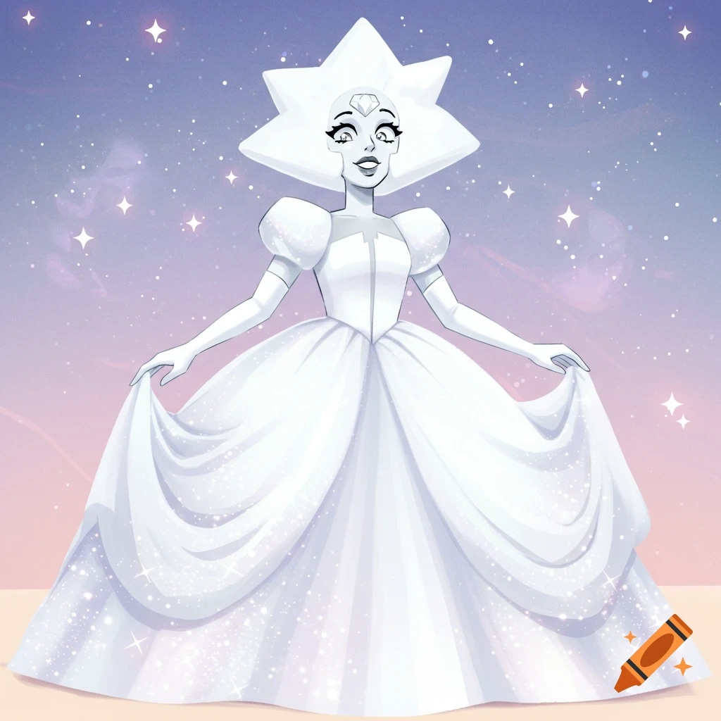 White Diamond from Steven Universe in a sparkling white ball gown against a starry sky