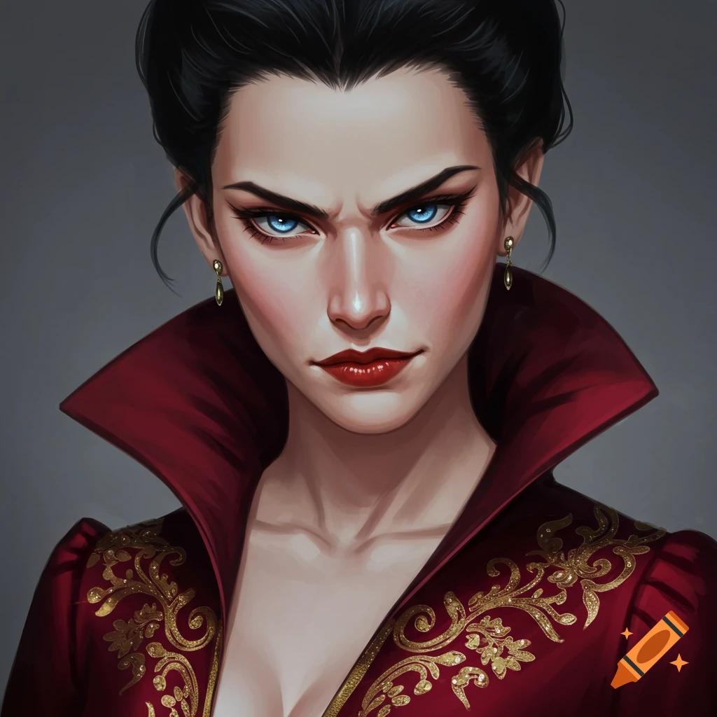 Digital illustration portrait of a woman with intense blue eyes in a red dress with gold embroidery.