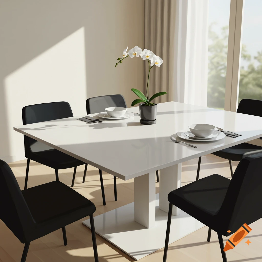 A square dining room table is set with dishes and silverware, surrounded by black chairs. An orchid sits in the center.
