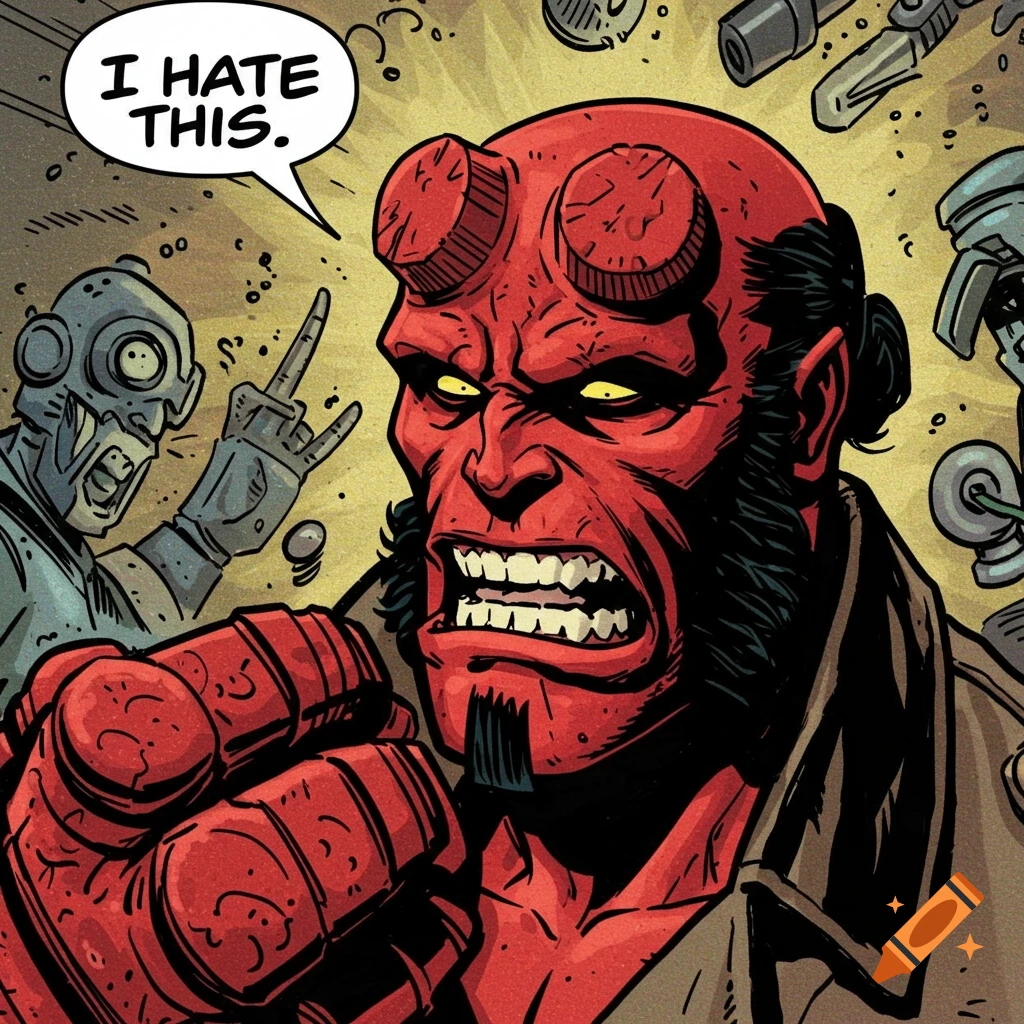 Hellboy in comic book style, yelling with a bubble that says 'I HATE THIS'.