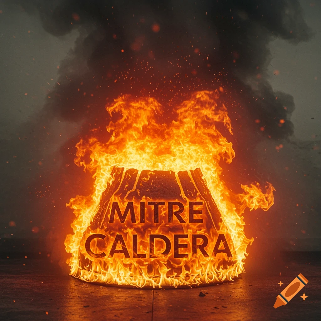 The text MITRE CALDERA on a burning object amidst fire and smoke.