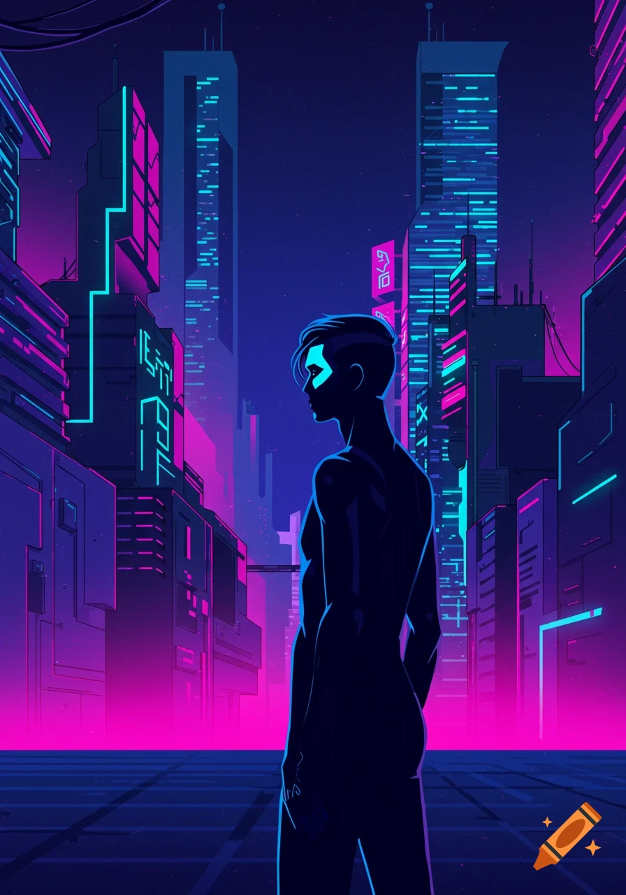 An androgynous figure stands silhouetted against a neon cyberpunk city.