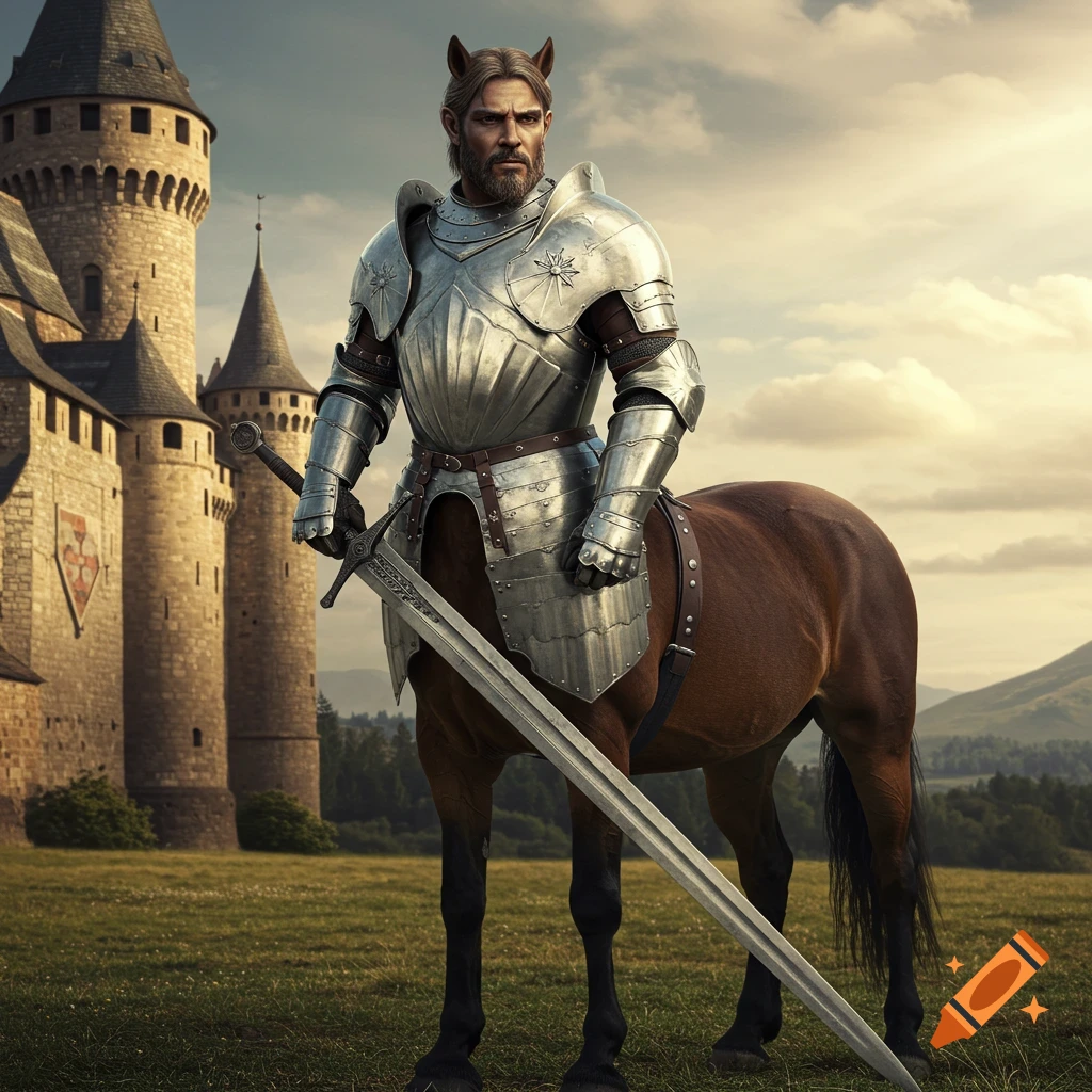 A centaur knight in full plate armor stands holding a sword in a field near a castle.