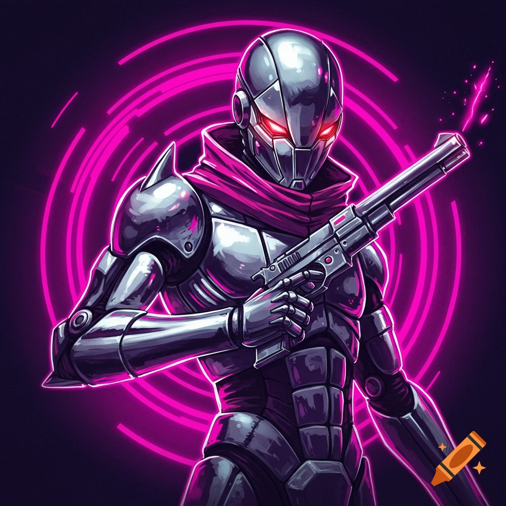Stylized metallic robot with red eyes holding a handgun against a glowing pink background.