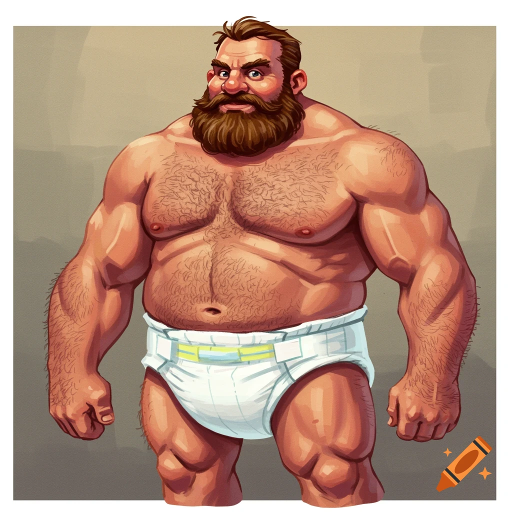 A cartoon illustration of a burly, bearded man wearing a diaper.