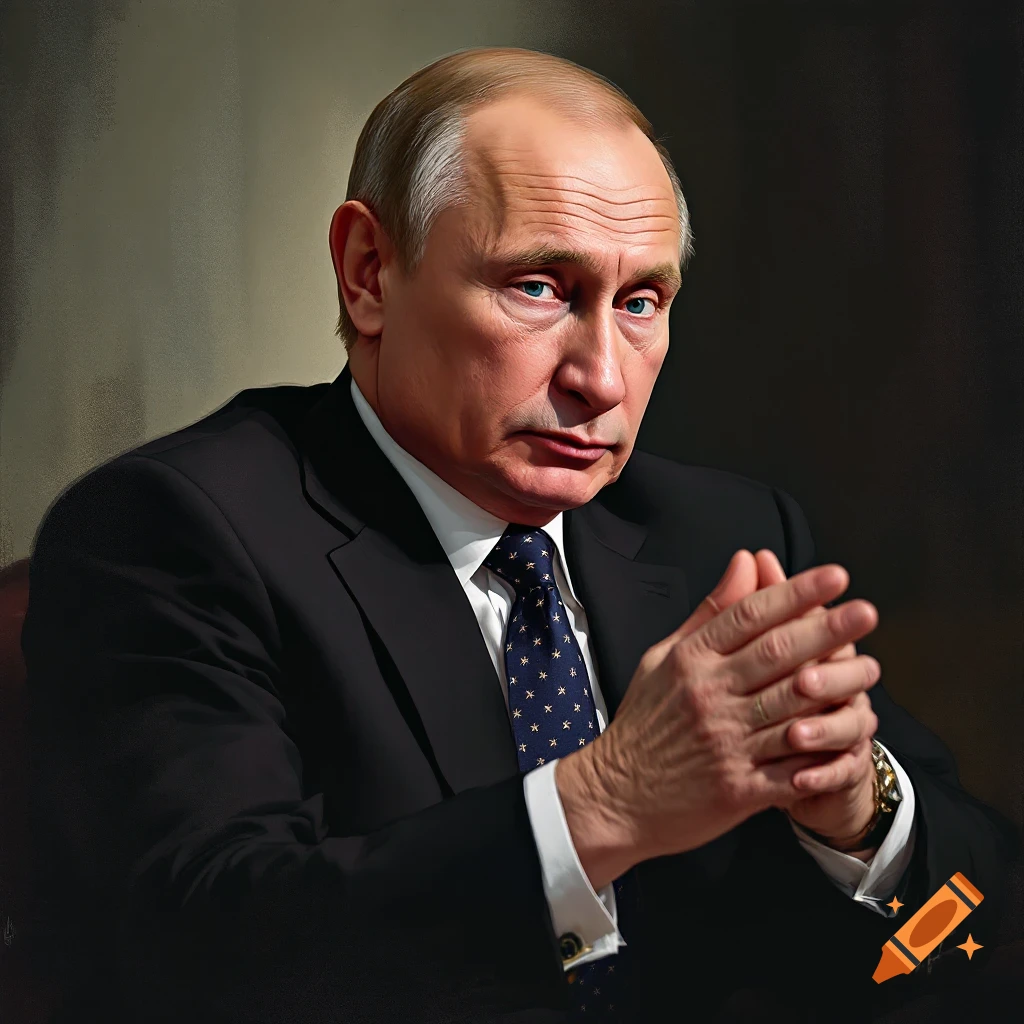 A portrait of Vladimir Putin sitting with his hands clasped.