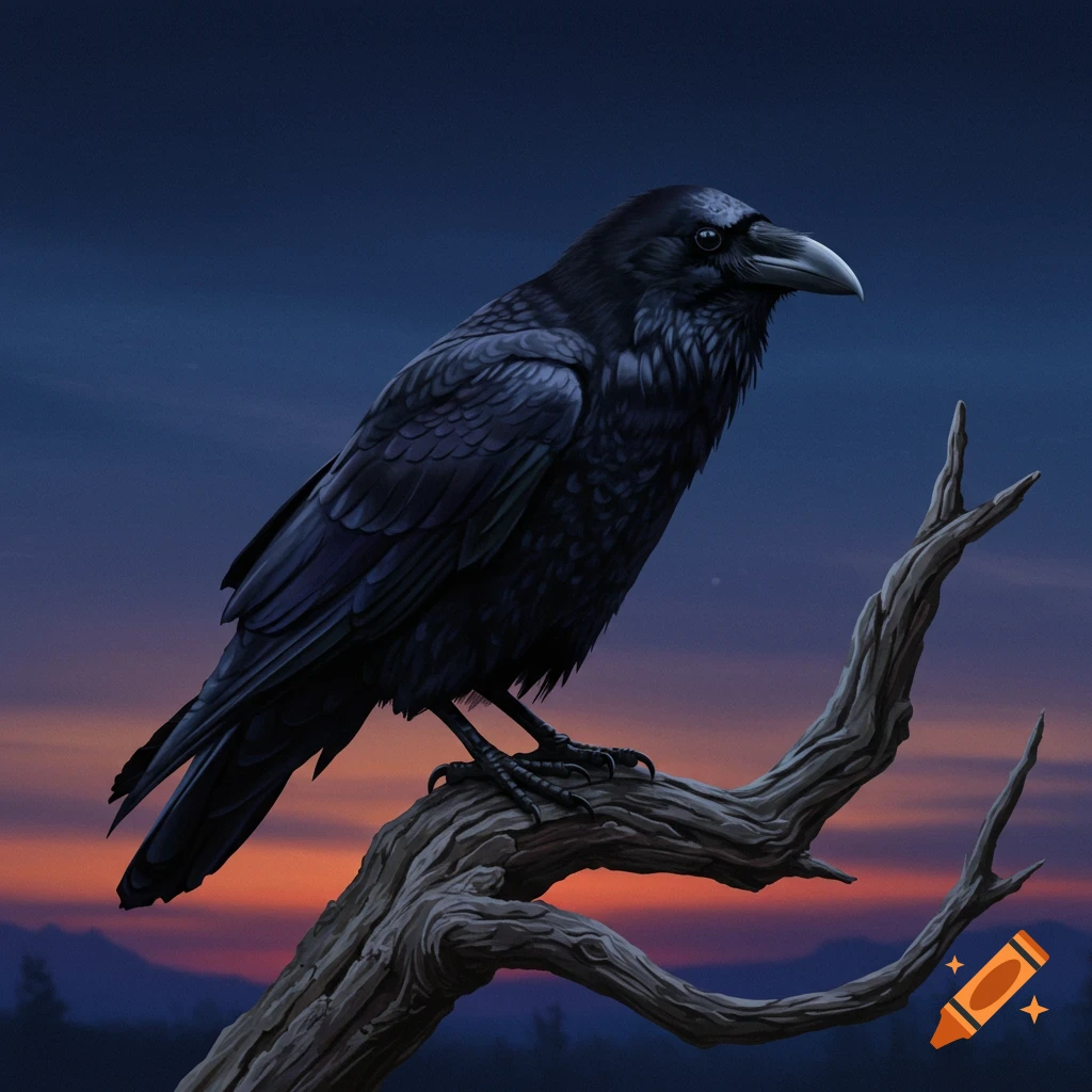 An illustration of a black raven perched on a branch against a sunset sky.