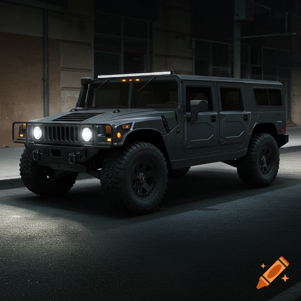 A dark grey Hummer H1 parked on a dimly lit city street at night. Photorealistic style.