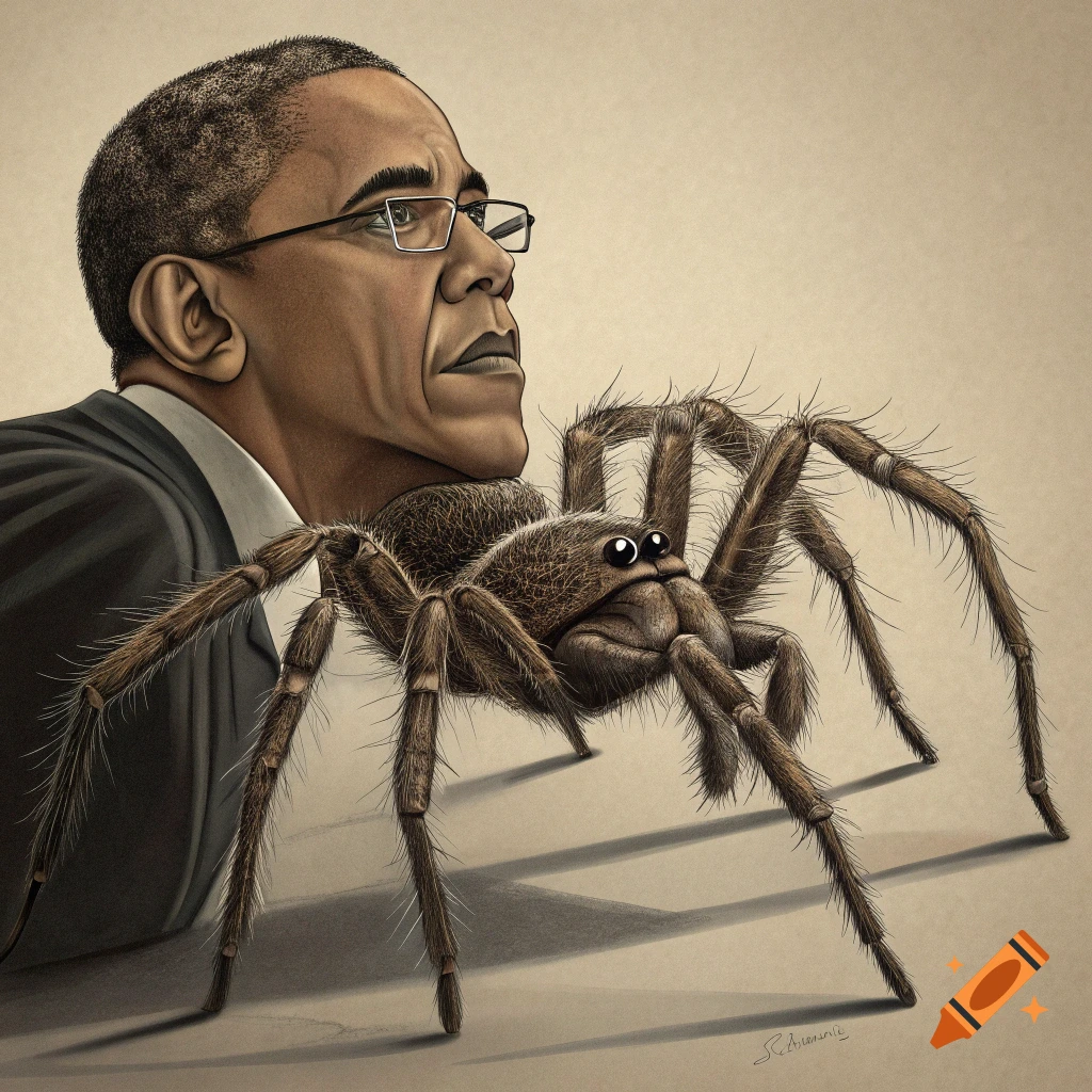 Caricature of Barack Obama looking at a large tarantula.