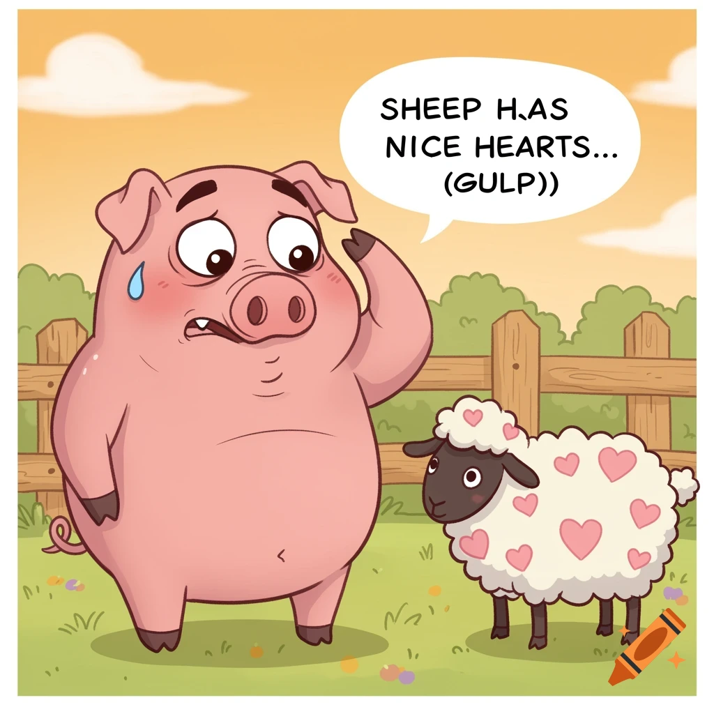 Cartoon pig nervously eyeing a sheep with heart-shaped wool on a sunny farm