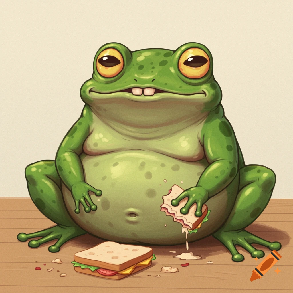 A fat cartoon frog sits on a floor, holding and eating a dropped sandwich next to another.