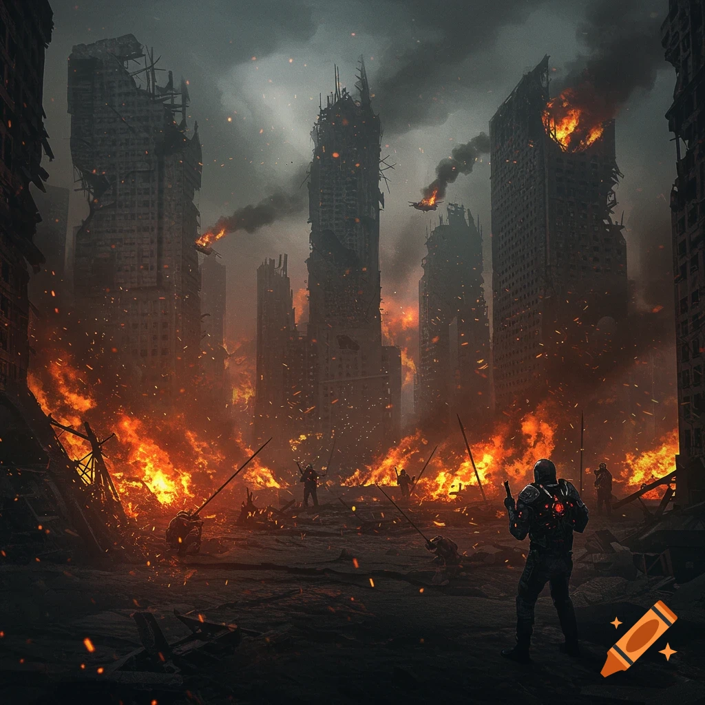 Soldiers standing among the burning ruins of a cityscape after a battle.