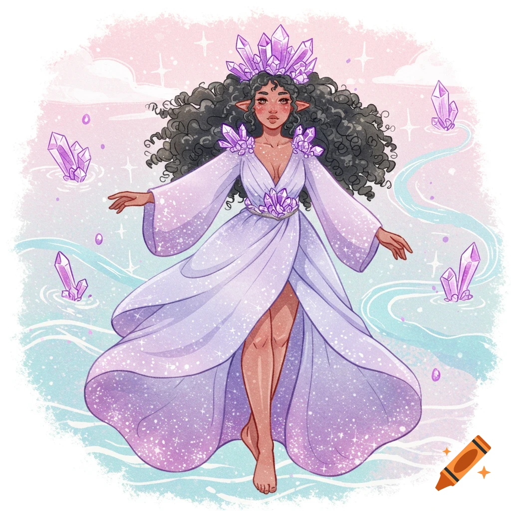 Watercolor illustration of a fantasy woman with crystal crown and purple dress standing in water surrounded by crystals.